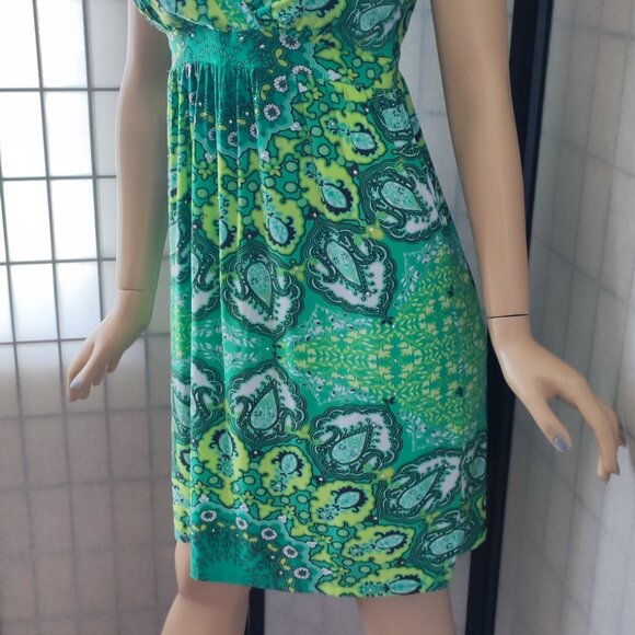 INC Boho-Inspired Green Paisley Faux Wrap Midi Dress with Stud Detail Sz M - Picture 3 of 9
